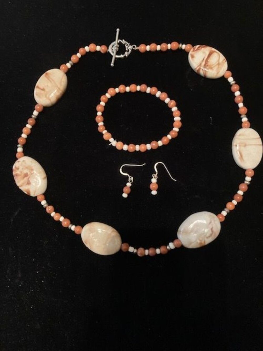 Brown and Crem Stone and Beaded Necklace, Bracelet and Earring Set